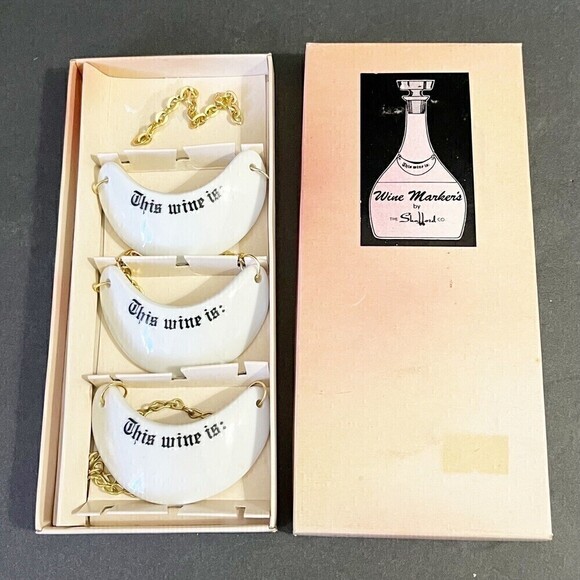 Vintage Shafford 3 White Porcelain Wine Markers Original Box Japan This Wine Is - Picture 1 of 16